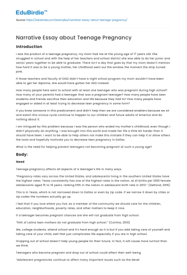 Narrative Essay about Teenage Pregnancy