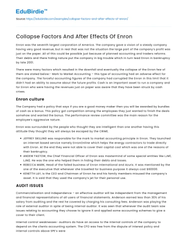 Collapse Factors And After Effects Of Enron