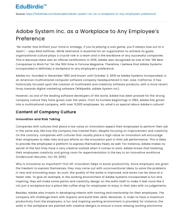 Adobe System Inc. as a Workplace to Any Employee’s Preference