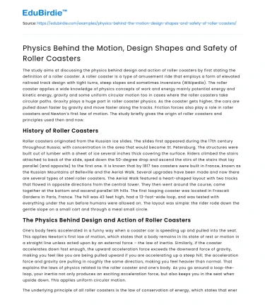 Physics Behind the Motion, Design Shapes and Safety of Roller Coasters