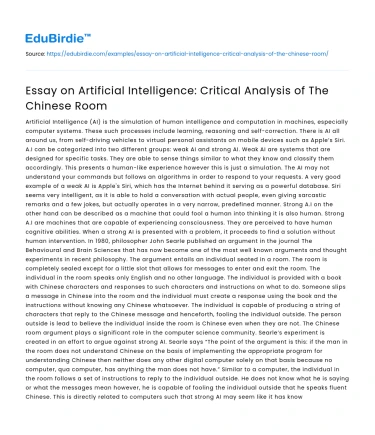 Artificial Intelligence: Critical Analysis of The Chinese Room