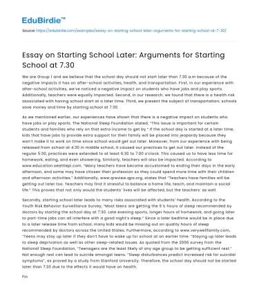 Essay on Starting School Later: Arguments for Starting School at 7.30