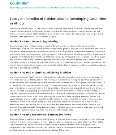 Essay on Benefits of Golden Rice to Developing Countries in Africa