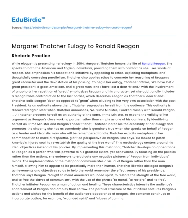 Margaret Thatcher Eulogy to Ronald Reagan