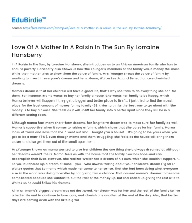 Love Of A Mother In A Raisin In The Sun By Lorraine Hansberry