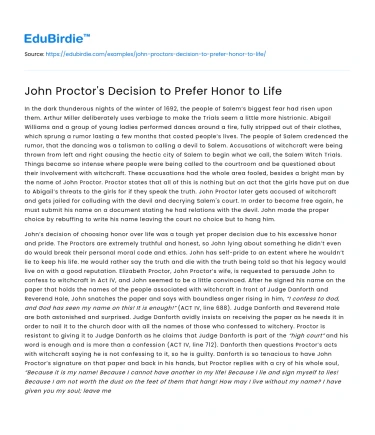 John Proctor’s Decision to Prefer Honor to Life