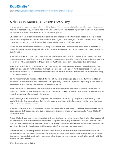Cricket In Australia: Shame Or Glory