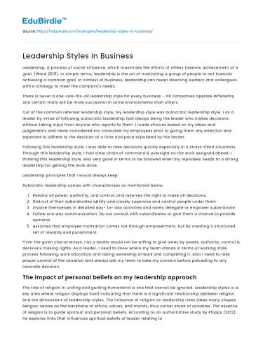 Leadership Styles In Business