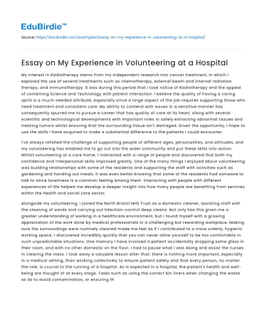 Essay on My Experience in Volunteering at a Hospital