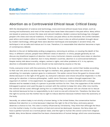 Abortion as a Controversial Ethical Issue: Critical Essay