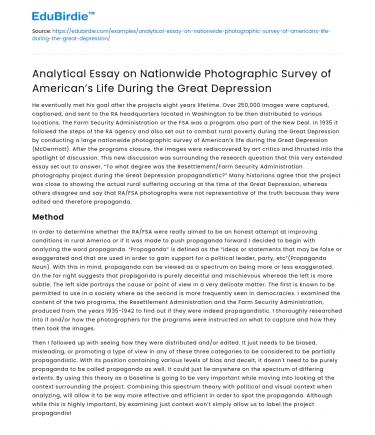 Nationwide Photographic Survey of American Life During Great Depression