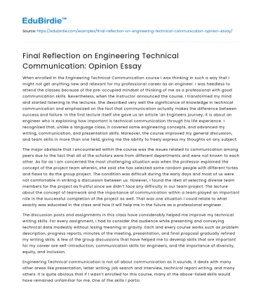 Final Reflection on Engineering Technical Communication: Opinion Essay