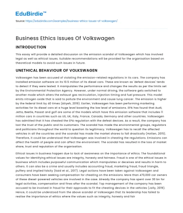 Business Ethics Issues Of Volkswagen