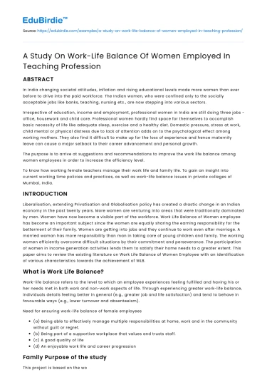 A Study On Work-Life Balance Of Women Employed In Teaching Profession