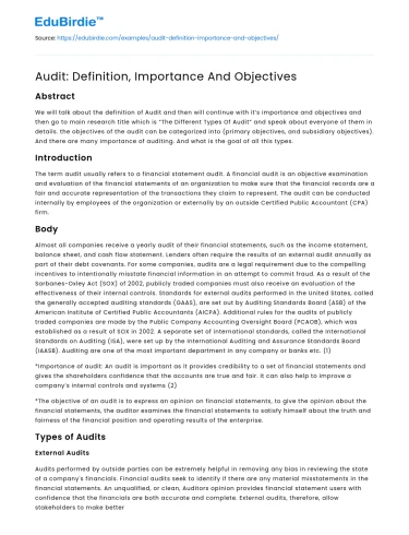 Audit: Definition, Importance And Objectives