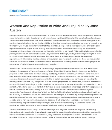 Women And Reputation In Pride And Prejudice By Jane Austen