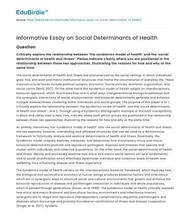 Informative Essay on Social Determinants of Health