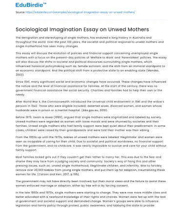 Sociological Imagination Essay on Unwed Mothers