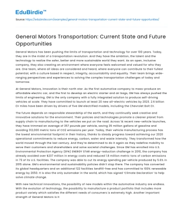 General Motors Transportation: Current State and Future Opportunities
