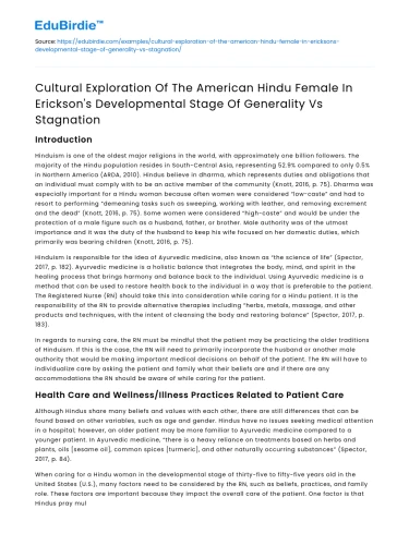 American Hindu Female in Erickson’s Generality vs Stagnation