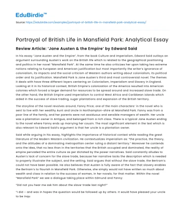 Portrayal of British Life in Mansfield Park: Analytical Essay