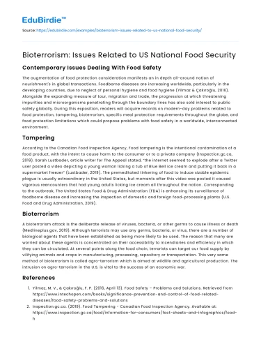 Bioterrorism: Issues Related to US National Food Security