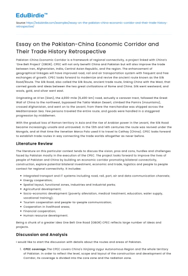 Pakistan-China Economic Corridor and Their Trade History Retrospective