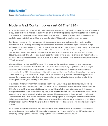 Modern And Contemporary Art Of The 1920s