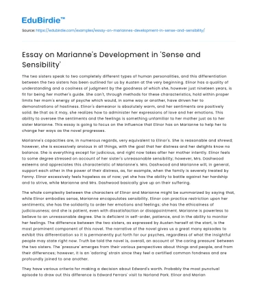 Essay on Marianne’s Development in ‘Sense and Sensibility’