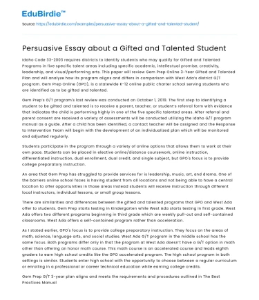 Persuasive Essay about a Gifted and Talented Student