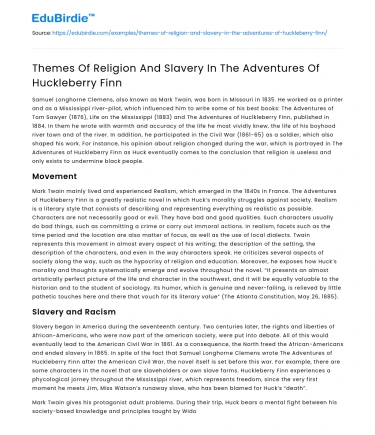 Themes Of Religion And Slavery In The Adventures Of Huckleberry Finn