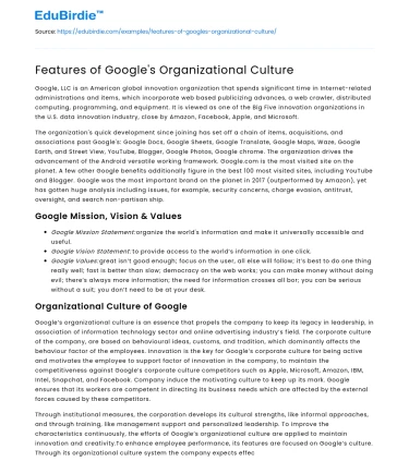 Features of Google’s Organizational Culture