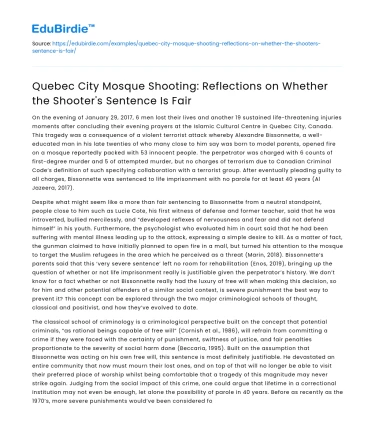 Quebec Mosque Shooting: Reflections on Fair Sentence