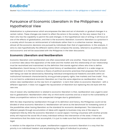 Economic Liberalism in the Philippines: A Hypothetical Approach