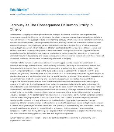 Jealousy As The Consequence Of Human Frailty In Othello