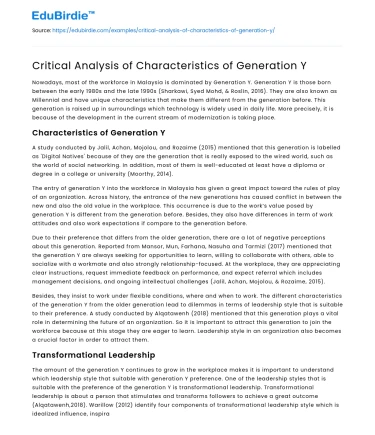 Critical Analysis of Characteristics of Generation Y