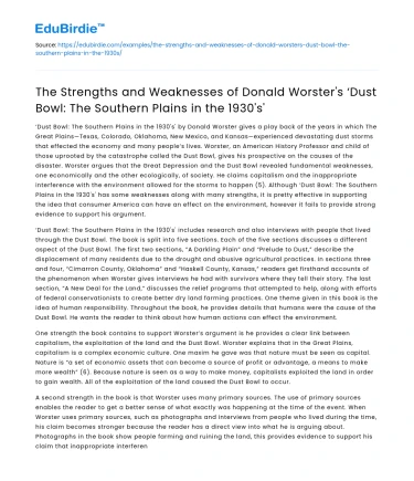 Strengths and Weaknesses of Worster’s Dust Bowl Analysis