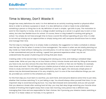 Time Is Money, Don’t Waste It