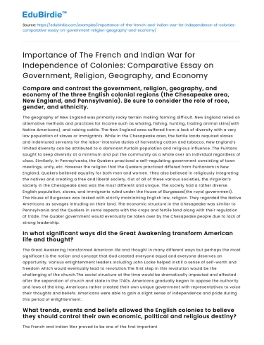 Impact of the French and Indian War on Colonial Independence