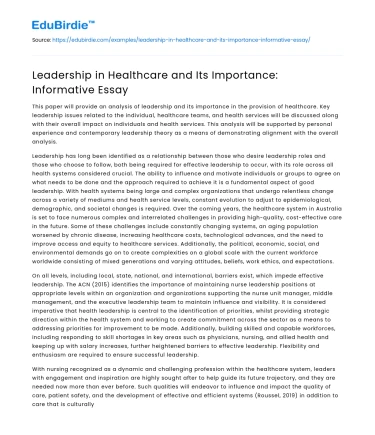 Leadership in Healthcare and Its Importance: Informative Essay