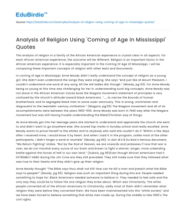 Analysis of Religion Using ‘Coming of Age in Mississippi’ Quotes