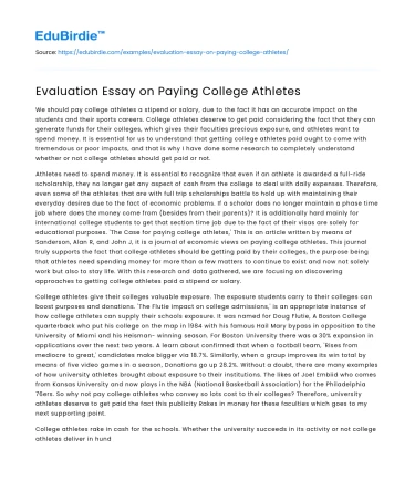 Evaluation Essay on Paying College Athletes