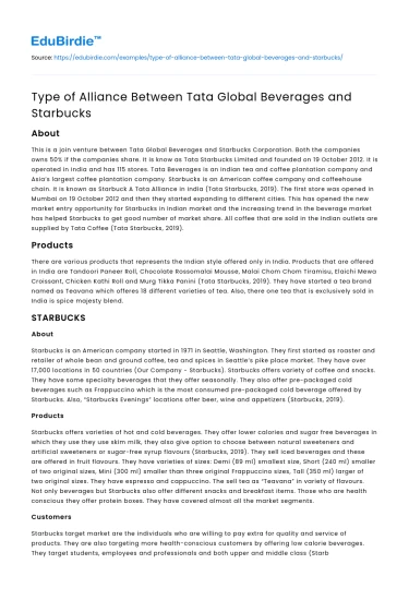 Type of Alliance Between Tata Global Beverages and Starbucks