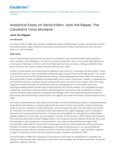 Analytical Essay: Serial Killers Jack the Ripper, Cleveland Torso