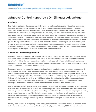 Adaptive Control Hypothesis On Bilingual Advantage