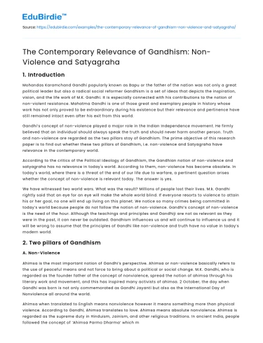 The Contemporary Relevance of Gandhism: Non-Violence and Satyagraha