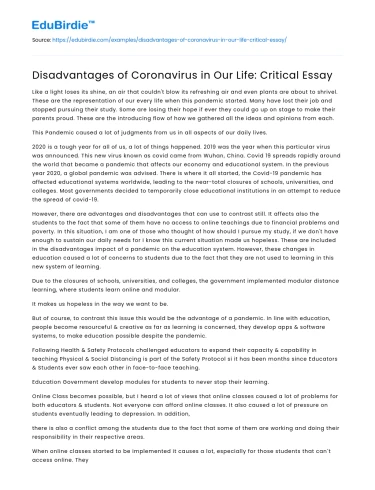 Impact of COVID-19: Unfavorable Consequences on Society