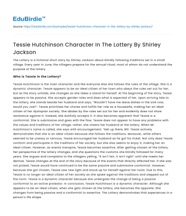 Tessie Hutchinson Character In The Lottery By Shirley Jackson
