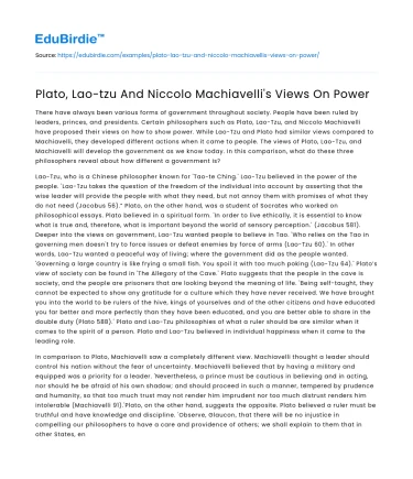 Plato, Lao-tzu And Niccolo Machiavelli’s Views On Power