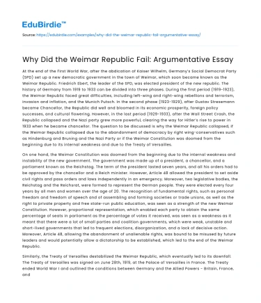 Why Did the Weimar Republic Fail: Argumentative Essay